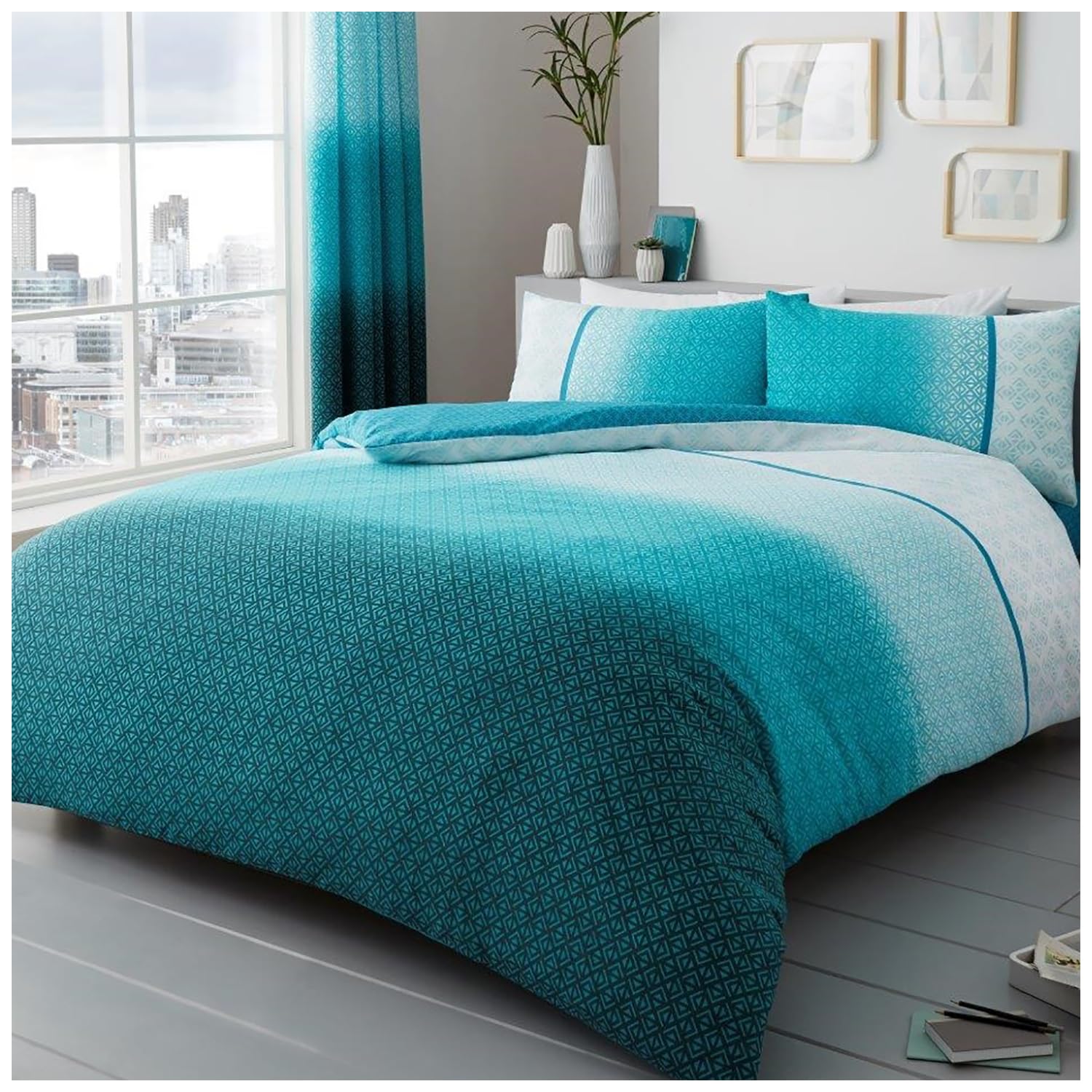 Gaveno Cavailia Luxury URBAN OMBRE Bed Set with Duvet Cover and Pillow Case, Polyester-Cotton, Teal, Double