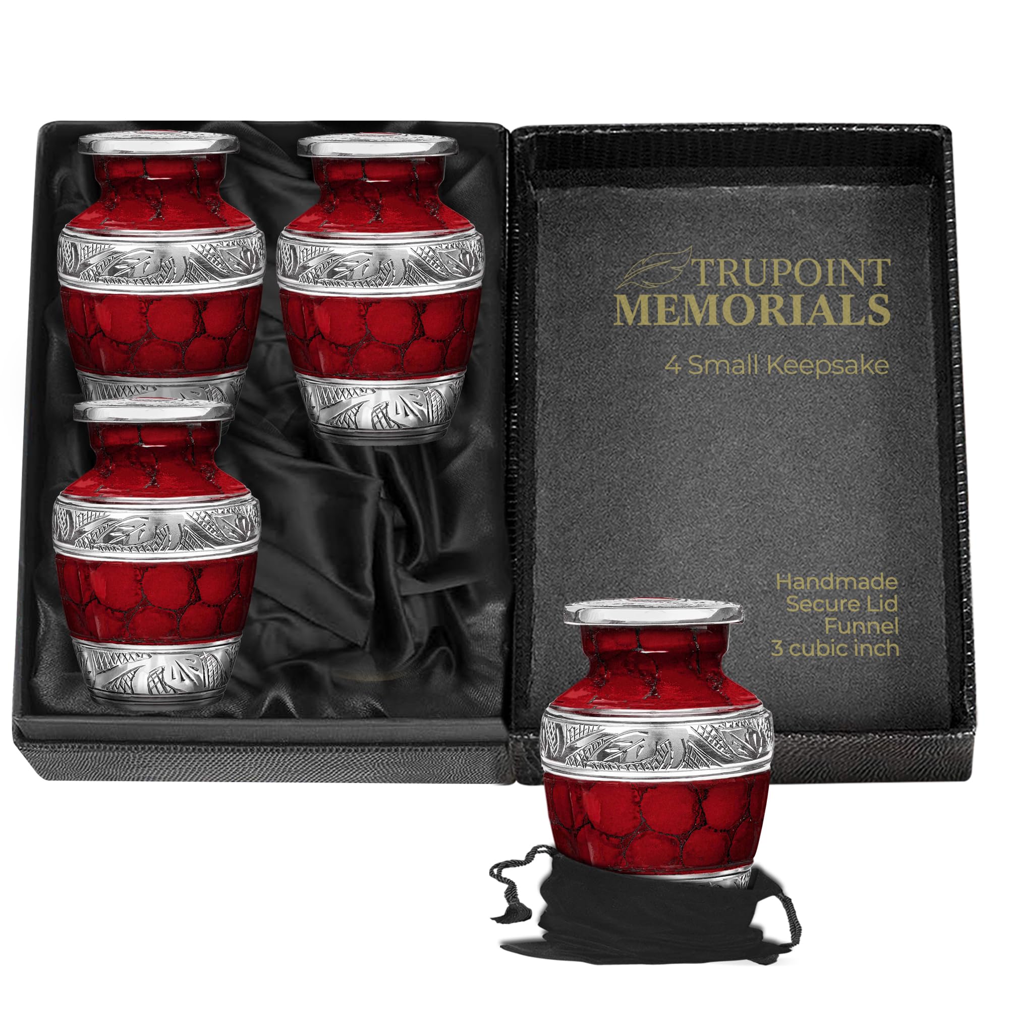 Trupoint Memorials Small Urns for Human Ashes Keepsake, Decorative Mini Cremation Urn for Adult Men & Women, Set of 4, Red with Silver Lining