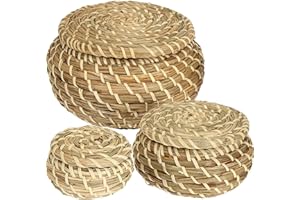 Dicunoy Set of 3 Small Wicker Basket with Lid, Round Woven Seagrass Baskets, Little Handmade Rattan Storage Basket Box for Shelf, Home, Bathroom Decor