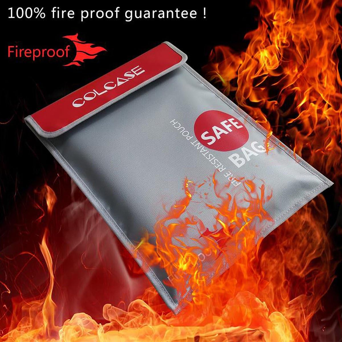 COLCASE Fireproof Document Bag 15 x 11 Inches Non-Itchy Silicone Coated Fire Resistant Bag Fireproof Safe Storage for Money, Documents, Jewelry and Passport - - 