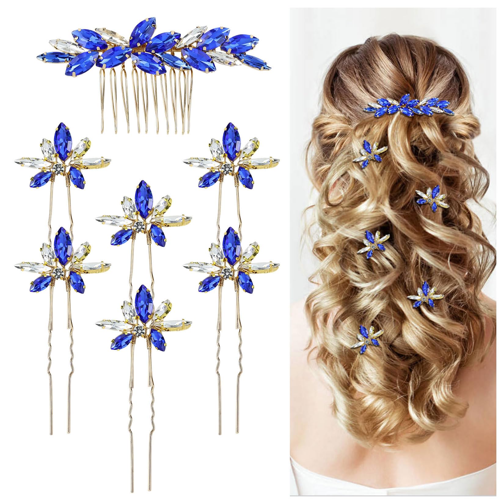 Dizila 7 Pieces Decorative Royal Blue Party Prom Wedding Bridal Rhinestone Hair Side Comb+U-shaped Hair Pins Accessories for Women Girls Brides Bridesmaids