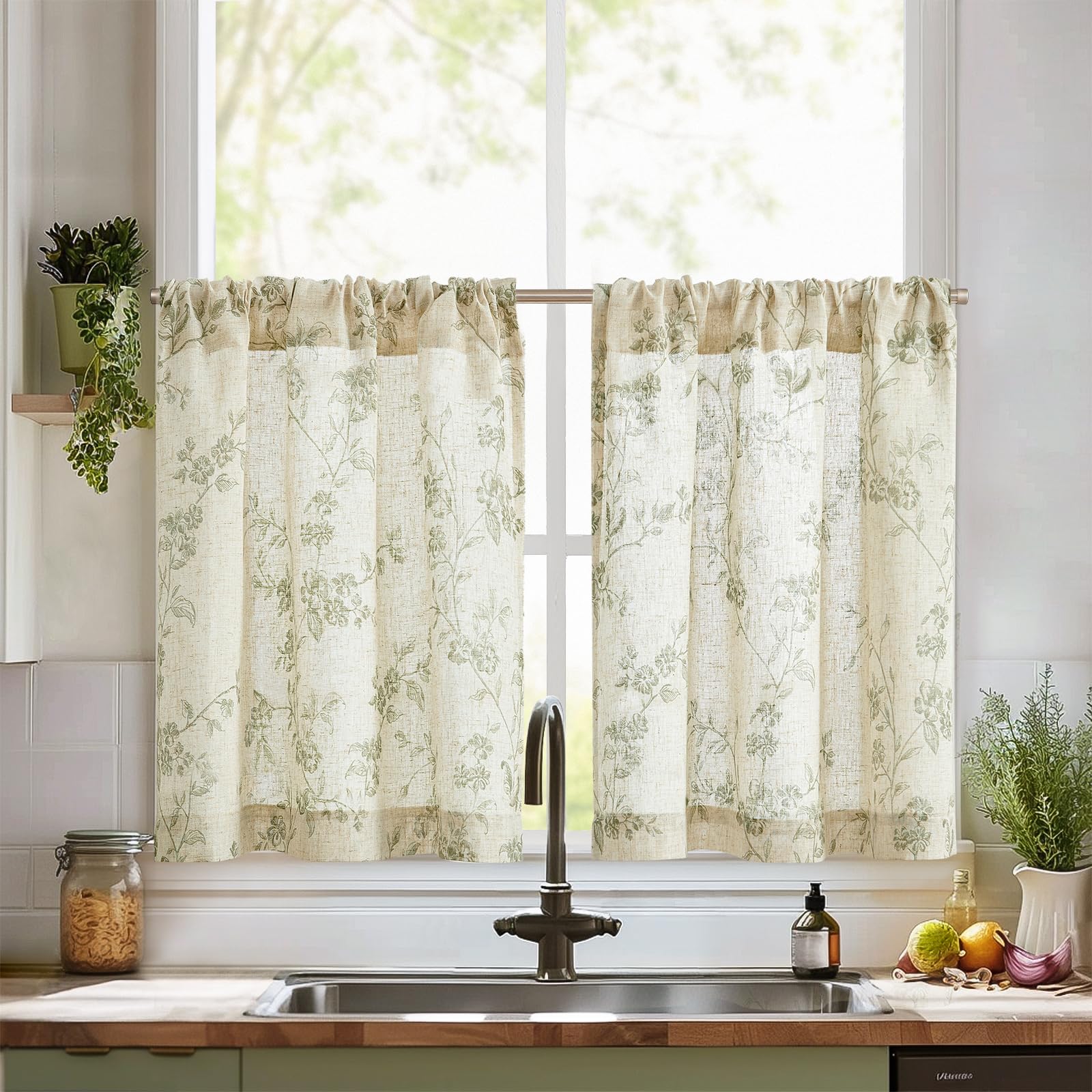 Photo 1 of jinchan Floral Kitchen Curtains 30 Inch Linen Tier Curtains Farmhouse Cafe Half Window Drapes Over Sink Light Filtering Sage Green on Beige for Living Room Laundry RV Rod Pocket 2 Panels