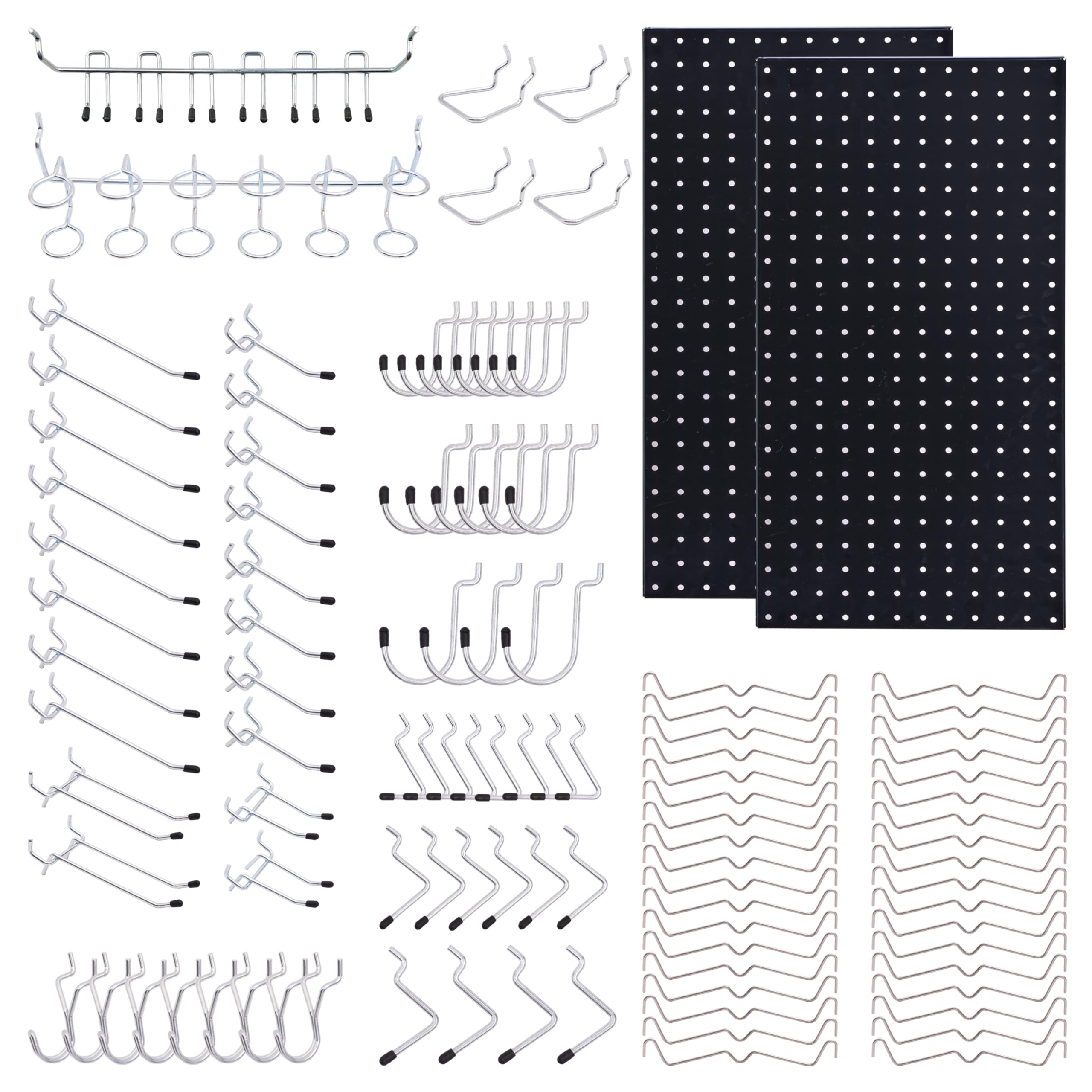 Photo 1 of 108pcs Black Pegboard Wall Organizer Kit, 12x24 Inch Metal Pegboard Panels Utility Tool Organizer with Hooks & Paper Towel Holder, Pegboard Storage System for Garage Workbench Shed