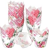 Funtery 200 Pieces Pink Flower Tulip Cupcake Wrappers Liners Tulip for Baking Flower Liners Mini Cupcake Baking Rustic Birthday Party Decoration for Bridal Shower Wedding Festival Party