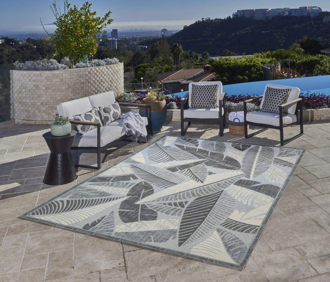 Gertmenian 22246 Indoor Outdoor Rug Textured Outside Patio Textural Carpet, 6x9 Medium, Tropical Leaf Abstract Beige Gray