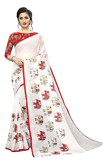 Womens Digital Linen Saree with Unstitched Blouse Piece (Telephant)