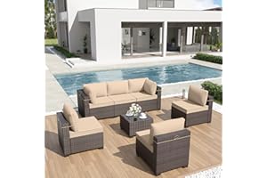 ALAULM 7 Piece Outdoor Patio Furniture Sets, Outdoor Furniture Patio Sectional Sofa, All Weather Woven Wicker Patio Sofa Brown PE Rattan Patio Conversation Set w/Cushion and Glass Table, A0701-sand