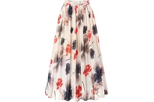 Kingfancy Women's Pleated Skirt Chiffon Elastic Waist A-Line Midi Length Skirt