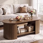 MXV 47" Oval Fluted Coffee Table, 2-Tier Storage Center Table, Mid-Century Modern Wood Table for Living Room, Small Space, Home Office, Walnut