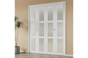 WIN STELLAR Bifold 60" x 80" 3-Panel Frosted Glass Door with Knob & Hardware Kit (Double 30''), Interior Folding Pantry/Closet Door, Wood Texture Panels with Tempered Thicken Glass, Easy Install