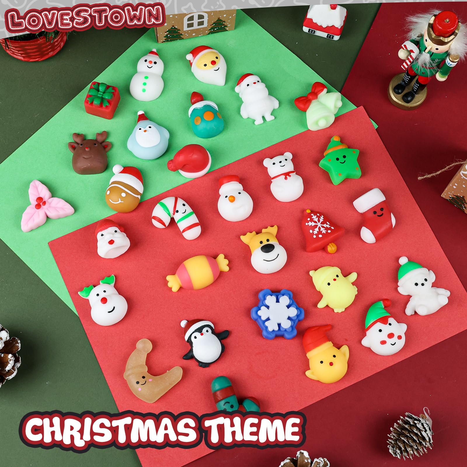LovesTown 30PCS Stress Toys, Christmas Mochi Toys Mini Christmas Fidget Sensory Toys for School Classroom Rewards Carnivals 1.2 - 2 Inch
