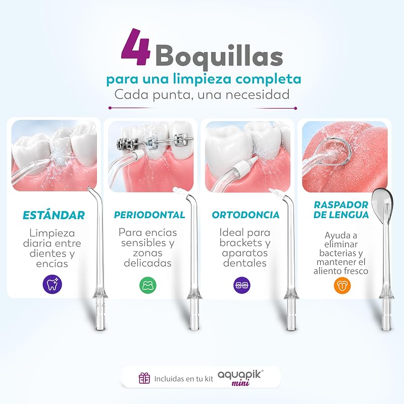 Irrigador dental portátil Aquapik Mini 140 ml | Water flosser recargable USB tipo C | 3 modos presión | limpieza profunda | Ideal para Encías sensibles, ortodoncia e implantes dentales (Azul)