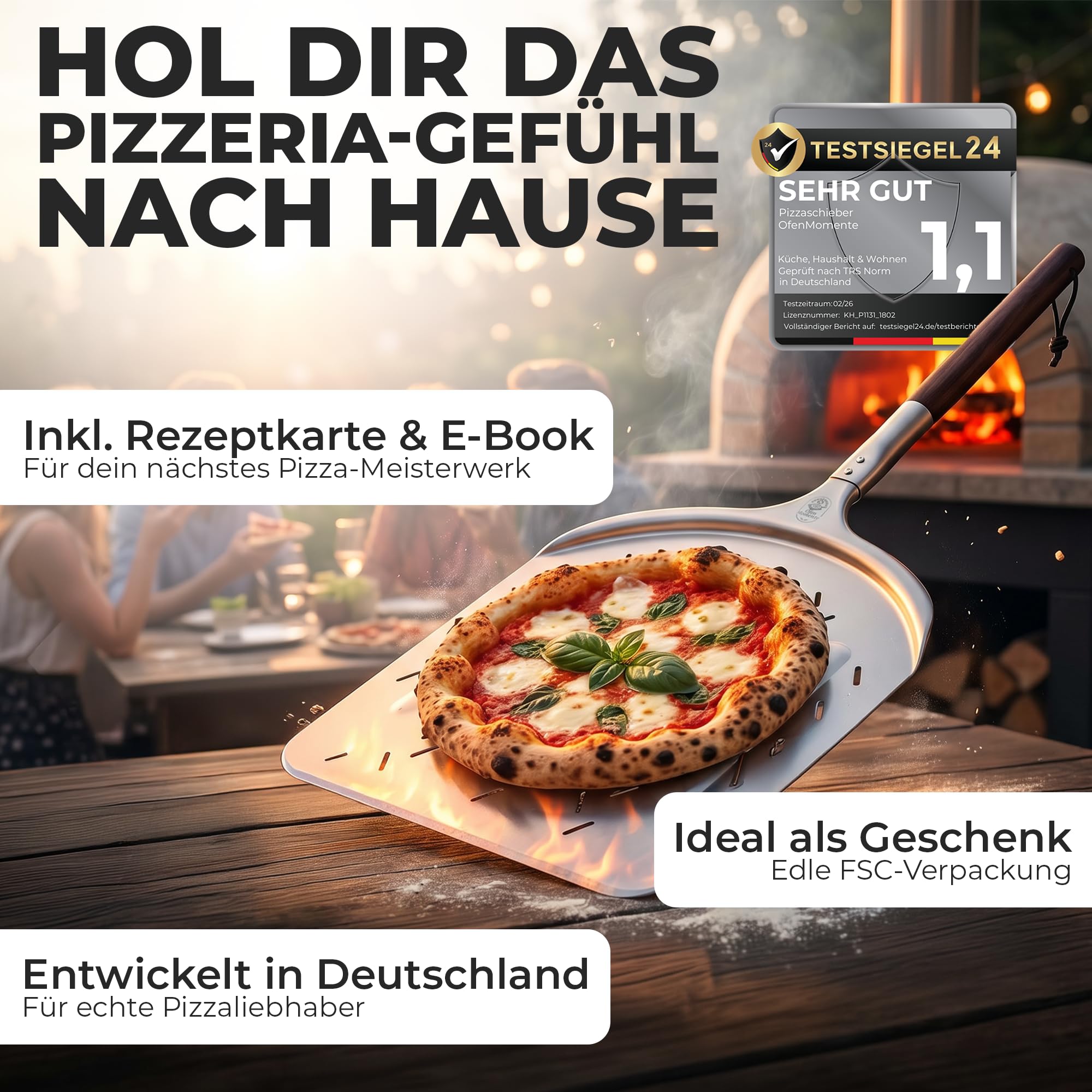 OfenMomente® Pizzaschieber 12 Zoll (30 x 30 cm) - perforierte Pizzaschaufel aus eloxiertem Aluminum mit Akazienholzgriff - Leichter Pizzaheber für Pizzaofen, Gasgrill, Steinofen, Backofen & Grill 7