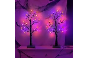 ALFANITE 2FT Black Spooky Tree USB & Battery Operated Tabletop Halloween Black Tree with Timer for Halloween Decorations Indoor Home Holiday Party Light up Halloween Decor (Orange and Purple LEDs 2 Pack)