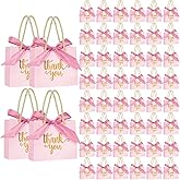 Nimbbex 50Pack Thank You Gift Bags with Handles, Party Favor Bags 5.5x2.3x4.7 Inches Small Pink Gift Bags with Handles, Mini Paper Candy Bags with Pink Ribbon for Wedding Baby Shower Birthday