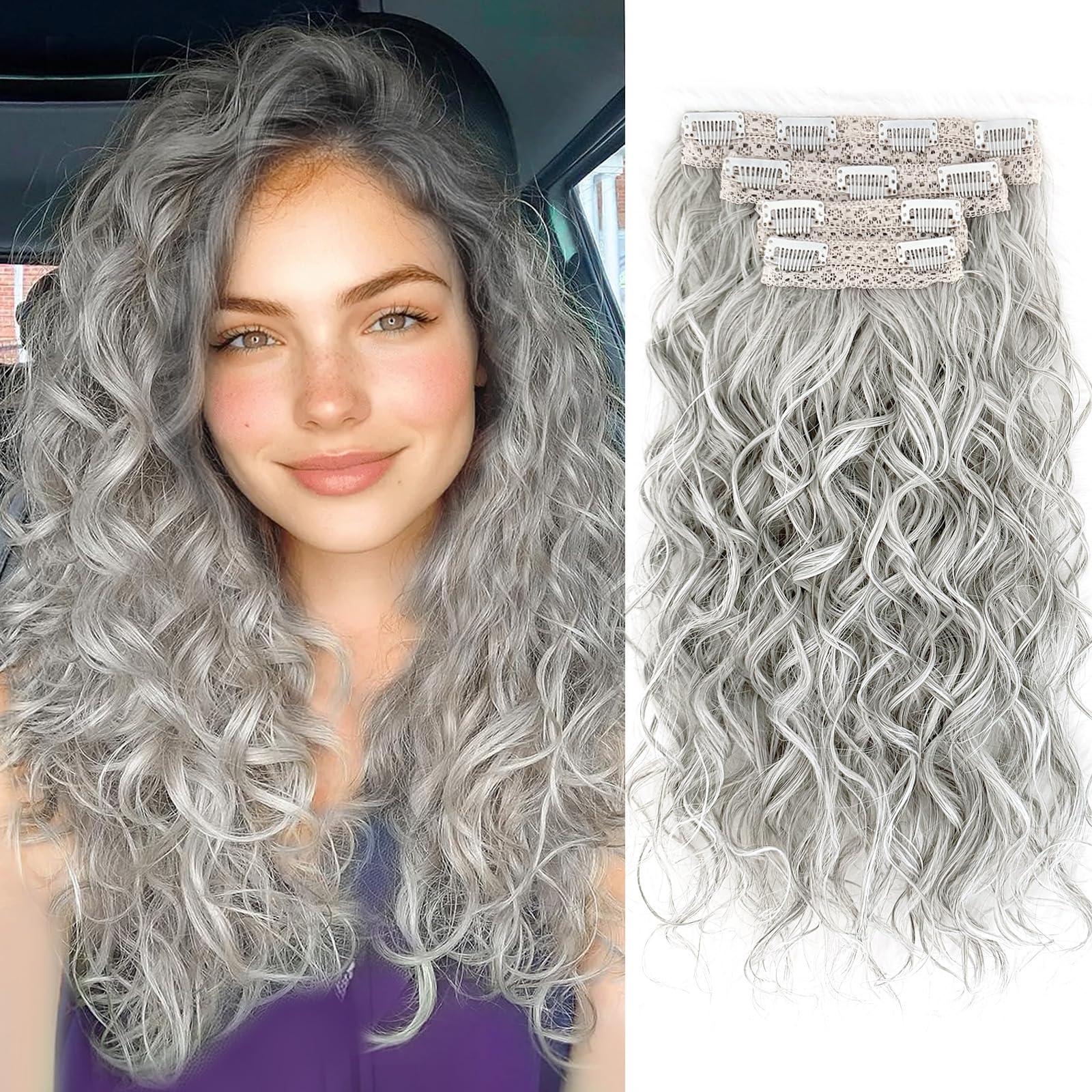 Photo 1 of Curly Hair Extensions,LEOSA 4PCS 16 inch Clip in Hair Extensions Short Soft Natural Hairpiece Lace Weft Curly Wave Clip Ins Extensions Invisible for Women,Light Silver Grey