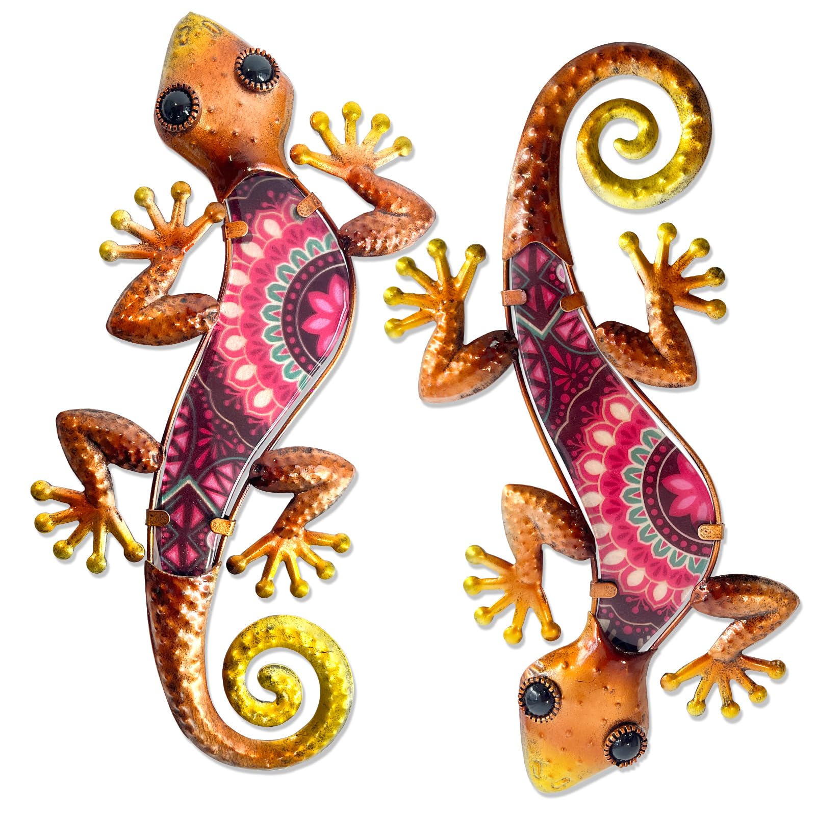 HONGLAND Metal Outdoor Wall Decor 2Pcs Gecko Wall Decoration Lizard Metal Hanging Wall Art Glass Sculpture for Garden Yard Patio Fence (Red)