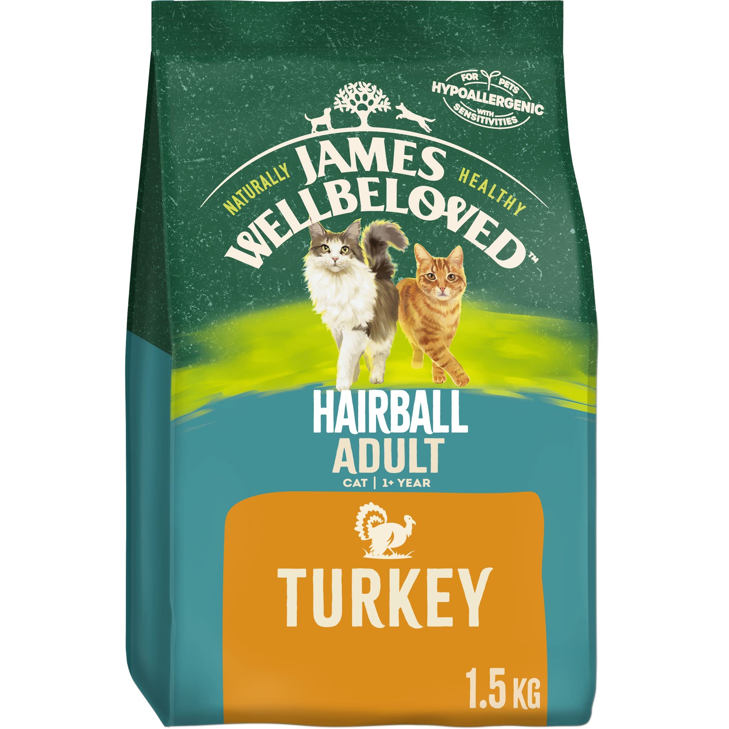 James Wellbeloved Adult Hairball Turkey 1.5 kg Bag, Hypoallergenic Dry Cat Food
