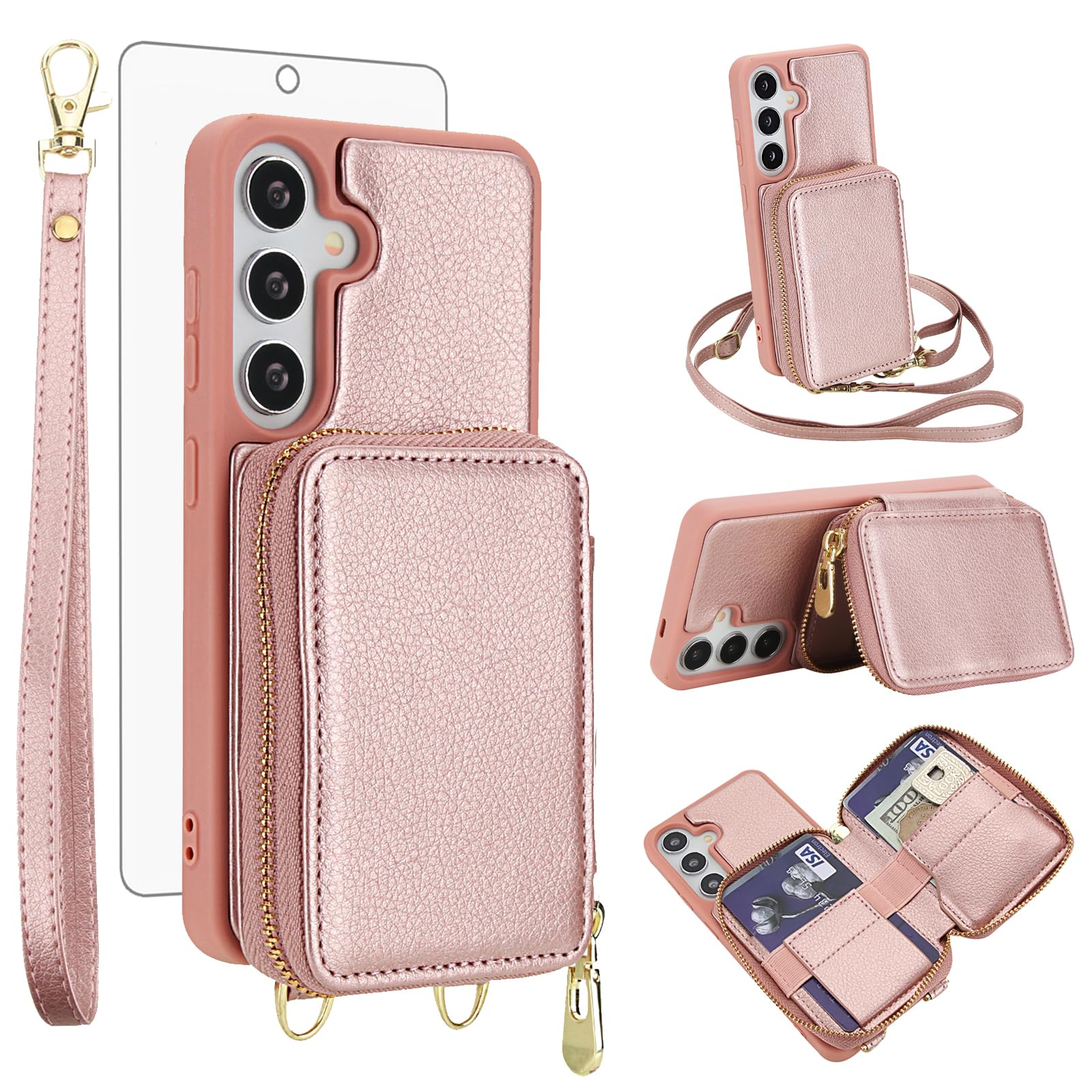 Phone Case for Samsung Galaxy S24 Plus/S25 Plus S24+ S25+ 5G Wallet Cell Cover with Screen Protector Crossbody Strap RFID Blocking Card Holder S24Plus 24S + S 24 24+ S25Plus 25S 25+ Women Rose Gold