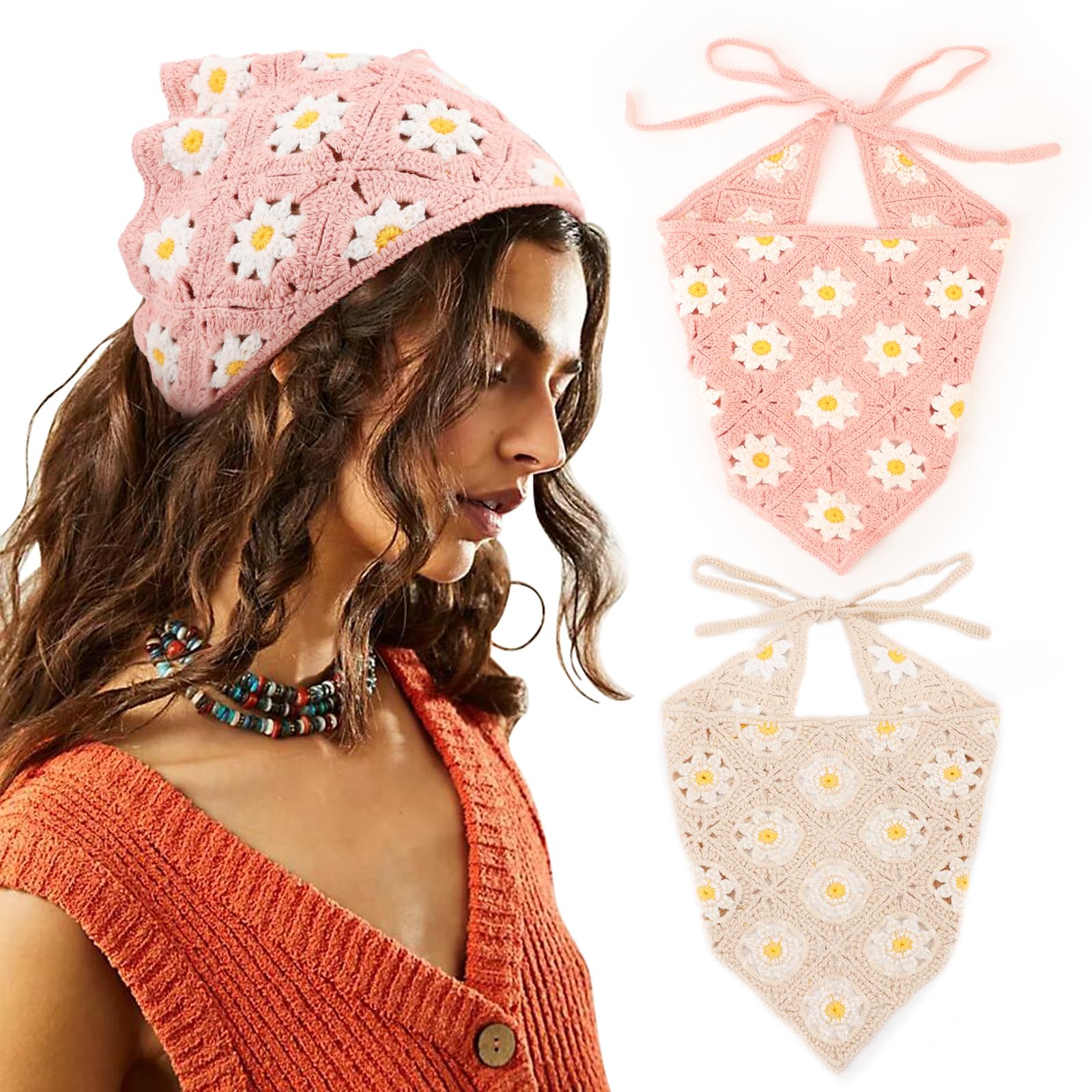 DRESHOW 2 PCS Crochet Hair Bandana Vintage Knotted Headscarf Strawberry Print Headband Knitted Head Kerchief for Women Girls
