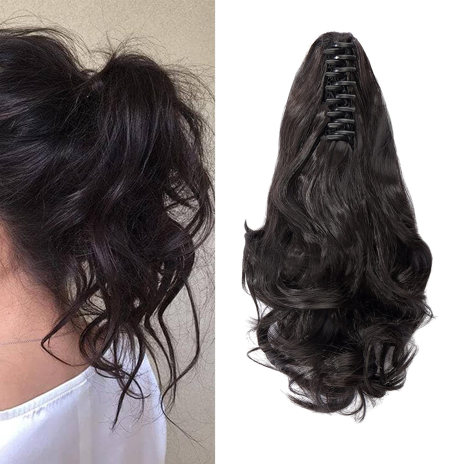 Cybelleza 12 inch Ponytail Hair Extension Curly Wavy Claw Jaw on Long Short Cute Pony Tails Clip in Hair Extensions Hairpieces Synthetic for Women (Dark Brown)