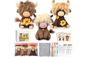 Yizzvb Needle Felting Kit, Highland Cow Family Needle Felt Beginner Kits with Instruction, Wool, Felting Needles, Felting Pad, Wool Felting Kits for Beginners Home Decoration