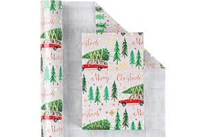 Flyhill Christmas Wrapping Paper Roll-17 Inch X 33 Feet-46.8sqft-Metallic Sparkle Star with Red Car Truck,Christmas Trees,Merry Christmas Letters Design for Birthday,Origami,Party