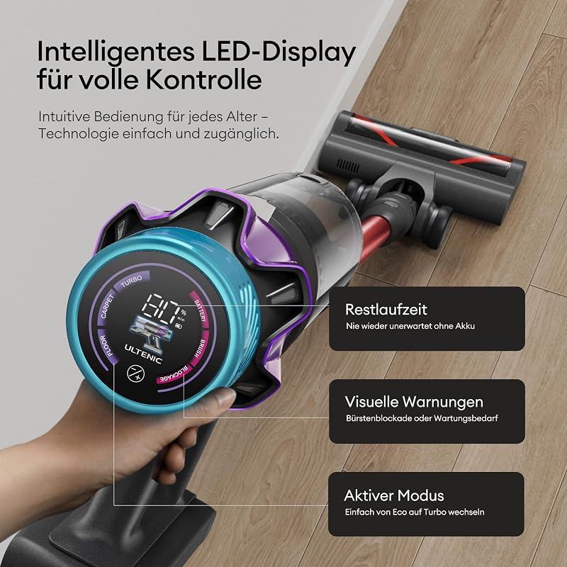 Akku Staubsauger 55000Pa/600W/80Min, 1,6L Staubsauger Kabellos mit Multi-Zyklon-Filtration, Touchscreen, Anti-Tangle-Bürste, Wandladestation, Selbststehend，für Tierhaare/Teppiche/Hartböden,Rot