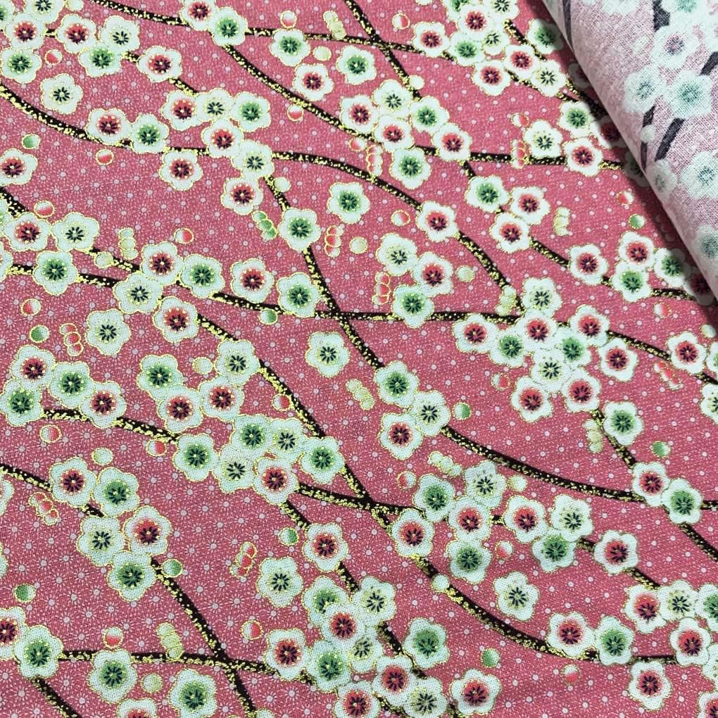 Jukway Cotton Fabric by The Metre, 100x145 cm, 100% Cotton Fabrics, Bronzing Design Floral Printed Decorative Cloths for Sewing, Quilting, Crafts, Curtains, Upholstery (Rosa - Plum Blossom)