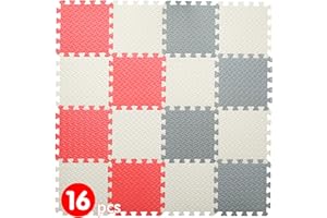 Coolcandy 16 Tiles Baby Play Mat, 0.4 Inch EVA Interlocking Floor Mats, Solid Colored Foam Puzzle Floor Mat Foam Mats for 47 * 47 inch playpen(White/Gray/Red)