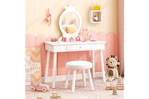 HONEY JOY Kids Vanity, Crown Shape Princess Makeup Dressing Table and Chair Set w/Drawer, Cushioned Toddler Vanity Stool, Real Glass Mirror, Wooden Little Girls Vanity Set with Mirror and Stool(White)