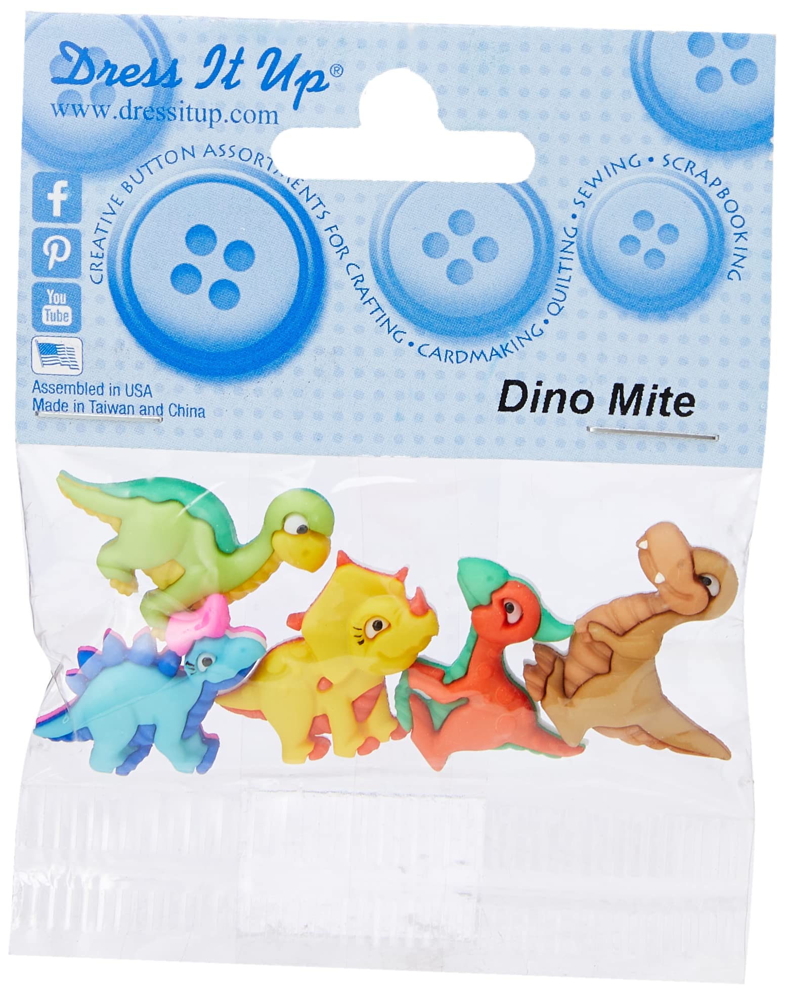 Dress it Up "Dino Mite Button, Plastic, Multi-Colour, 23 x 19-27 x 22 mm, 5-Piece