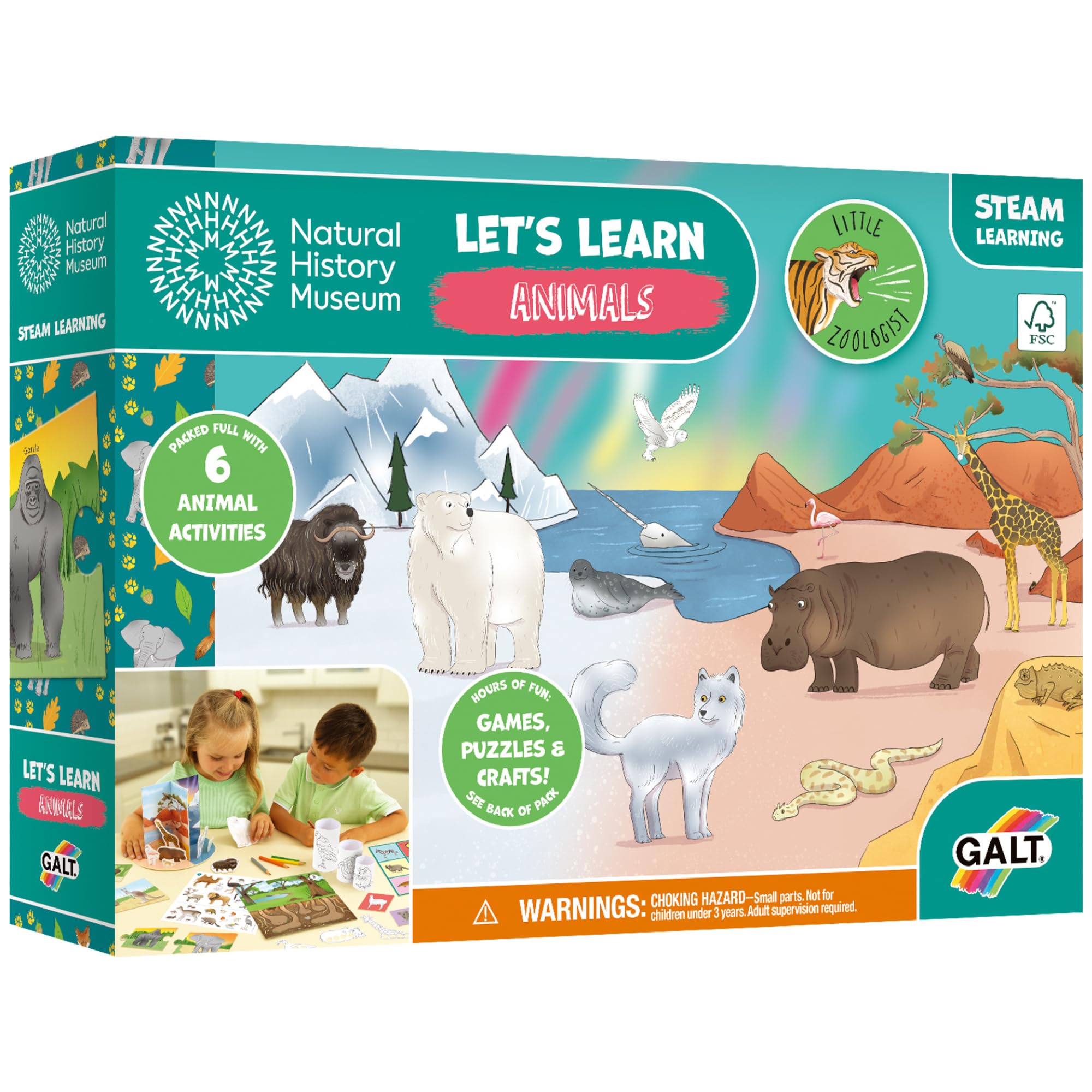 Galt Animals Arts & Crafts Kit for Kids - Activity Pack, 6 Projects & Fact Cards - Fun Educational Crafting Set - Children's STEAM Learning Games & Puzzles, Age 4 Years Plus - Natural History Museum