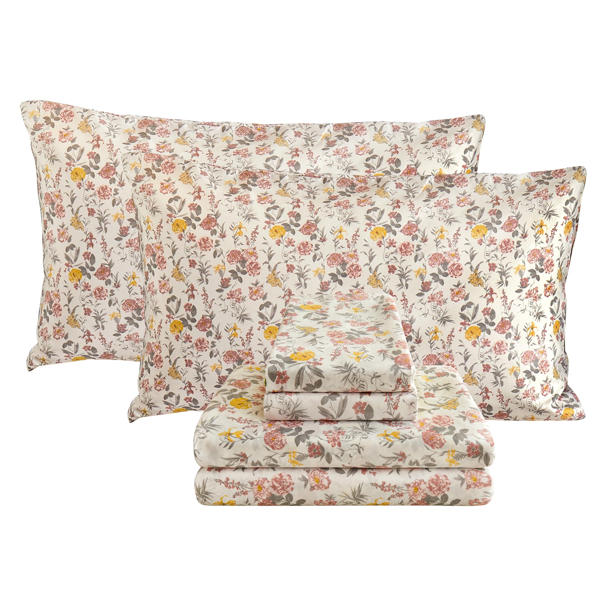 Photo 1 of Viviland Floral Full Sheet Set - 4 Piece Vintage Pink & Yellow Flower Patterned Bed Sheets - Soft, Breathable Microfiber Sheets with Deep Pocket, Non-Slip Fitted Sheets & Pillowcases
