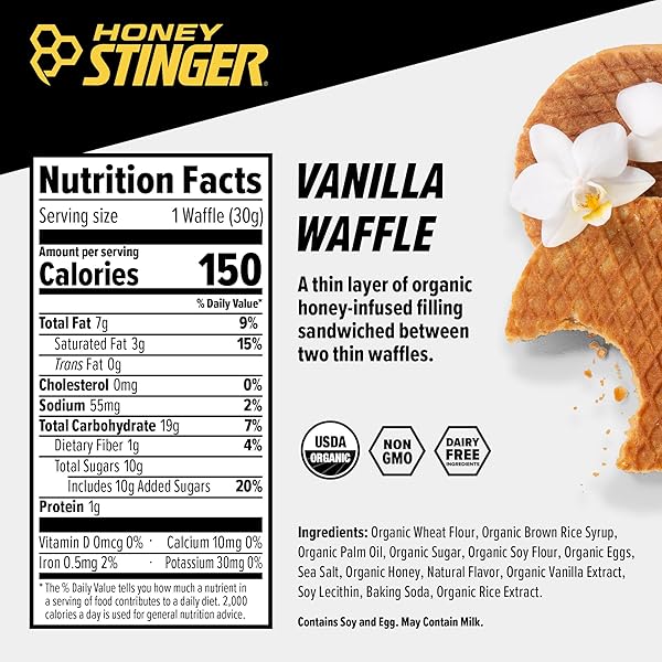 HONEY STINGER ORGANIC VANILLA WAFFLE, ENERGY STROOPWAFEL FOR EXERCISE, ENDURANCE AND PERFORMANCE, SPORTS NUTRITION FOR HOME & GYM, PRE AND POST WORKOUT, 16.96 OUNCES (PACK OF 16)