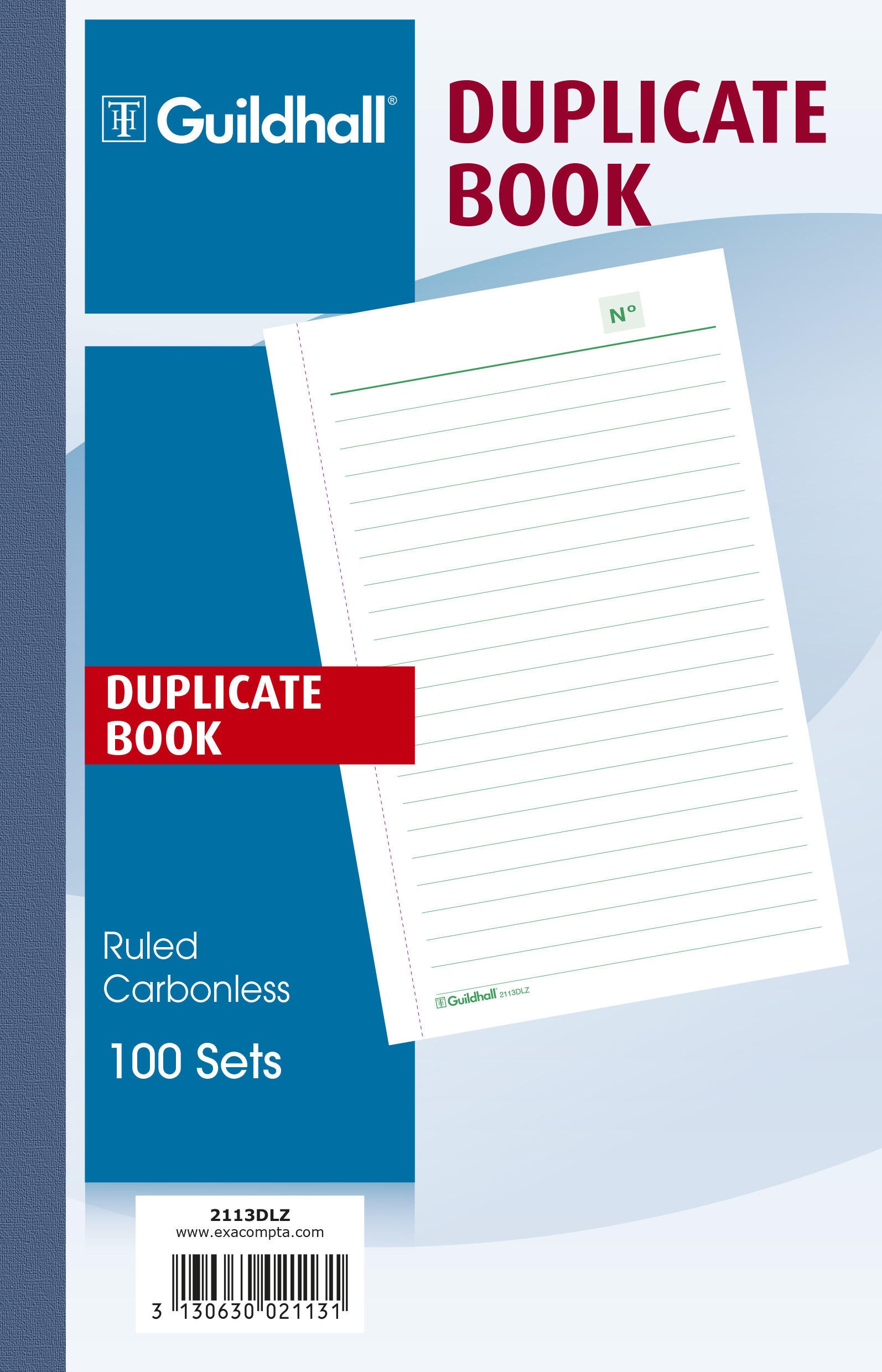 Exacompta - Ref 2113DLZ - Guildhall - Duplicate Book (100 Sets) - 210 x 135mm in Size, Green Lined Rulings, Cloth Tape Binding, Carbonless, Numbered Pages