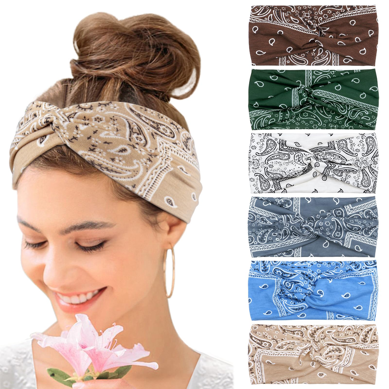 Kavya Wide Hair bands for Women Boho Headbands for Women's Hair Elastic Soft 6 Pieces Headband Print Head bands Adult Women Accessories Yoga Sports Hairband Multicoloured Thin Headscarf — image 1