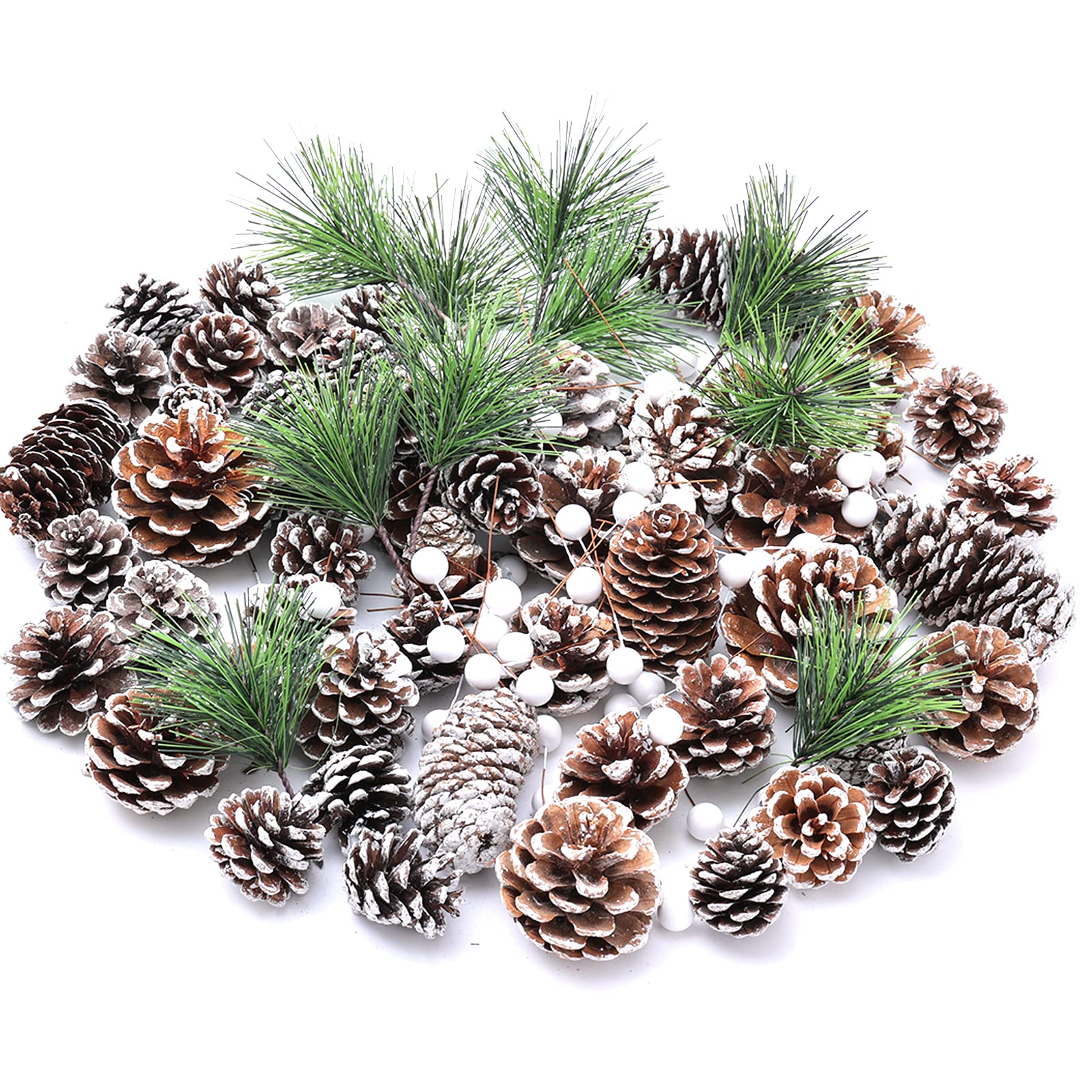 170Pcs Pine Cones Pine Branches Set, Christmas Wreath Making Supplies, Snow Pinecones White berries Garland Making kit, Artificial Holly Pinecone Branche for Xmas Tree Decoration Fall Winter Craft