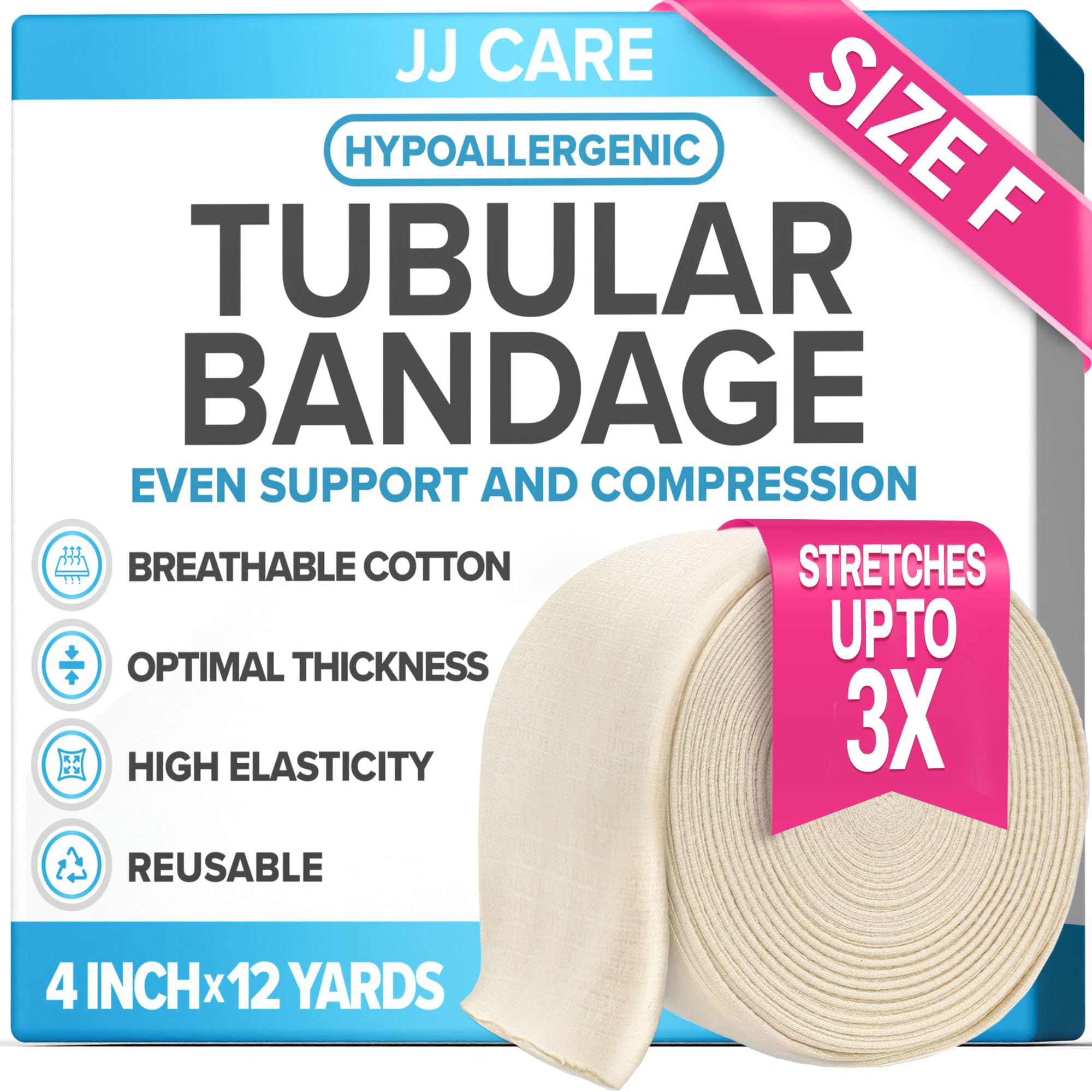 Photo 1 of JJ CARE Tubular Bandage, 4” x 12 Yards Stockinette Tubing for Legs and Knees, Tubi Grip Size F Reusable Elastic Bandage Sleeve, Compression Tubes for Knees and Thigh, Rubber Latex w/Cotton