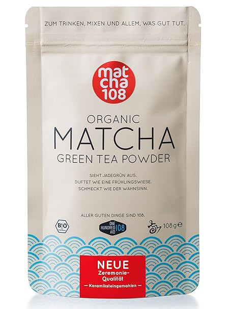 Matcha Tee Pulver 108 – Bio Zeremonie Qualität (für extra milden Teegenuss) – Ideal auch für Smoothies und Lattes – Zertifizi