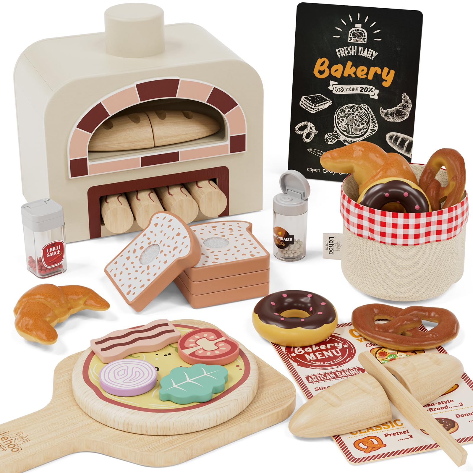 Lehoo Castle Wooden Play Food, Toy Food with Pizza Toys, Wooden Baking Set, Kids Kitchen Accessories, Gifts for 3 Year Olds Girls