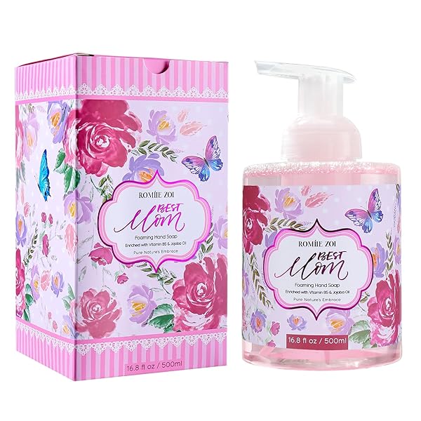 ROMIIE ZOI FOAMING HAND SOAP FOR MOTHER’S DAY GIFT BASKET – SHABBY FLORAL DESIGN, INFUSED WITH ROSE SCENTED AROMA – 500 ML / 16.8 FL OZ