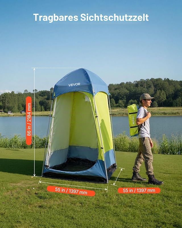 Duschzelt mit 1 Raum, Toilettenzelt (1397x1397x2184 mm) Umkleidezelt inkl. Heringen & Seilen & Tragetasche & Stahlstange, aus 200D Oxford-Gewebe für Camping Strand Angeln Grün