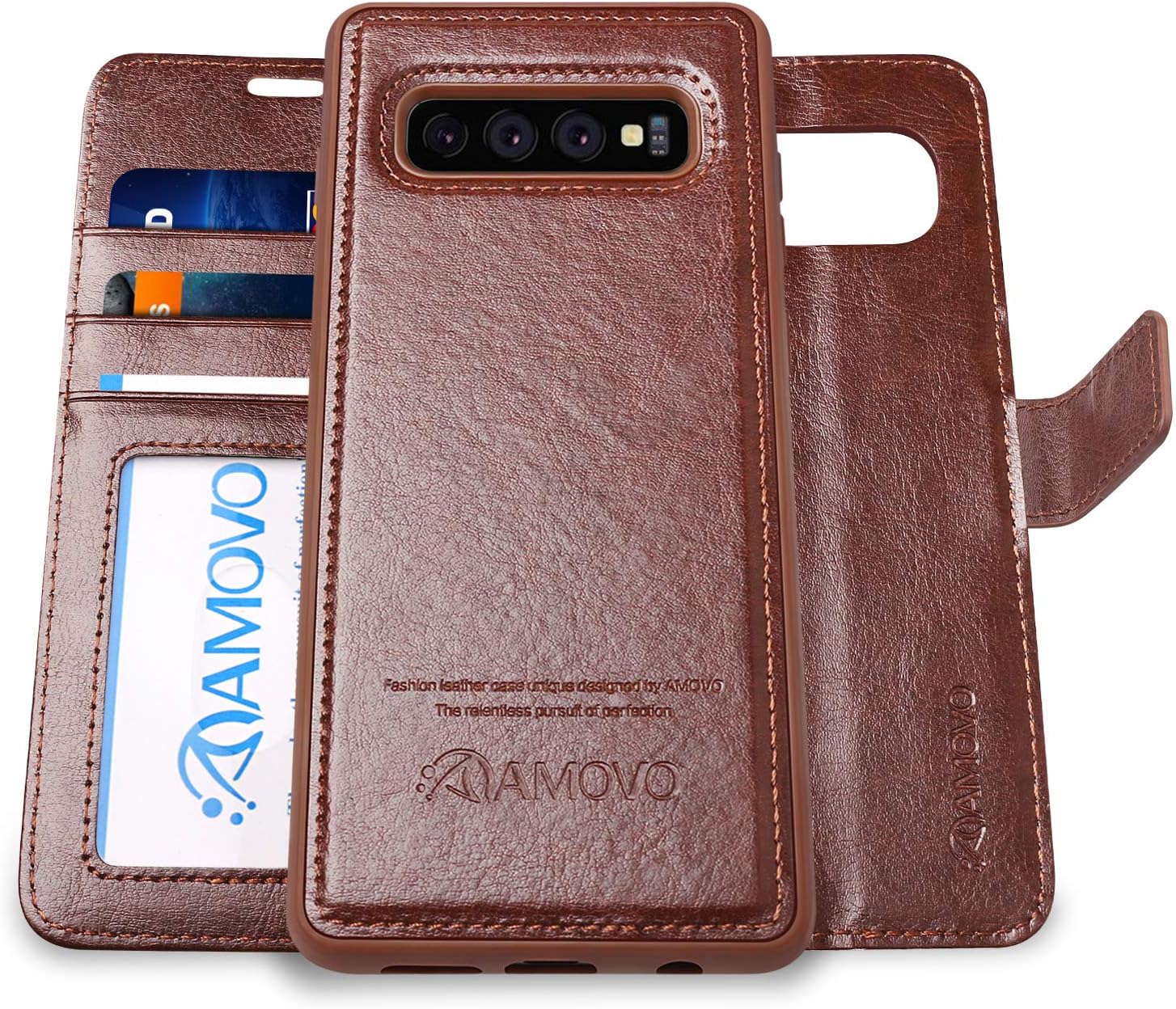 AMOVO Case for Galaxy S10 (6.1’’) [2 in 1] Samsung Galaxy S10 Wallet Case Detachable [Vegan Leather] [Wrist Strap] S10 Flip Case with Box Package (S10 (6.1'') Brown)