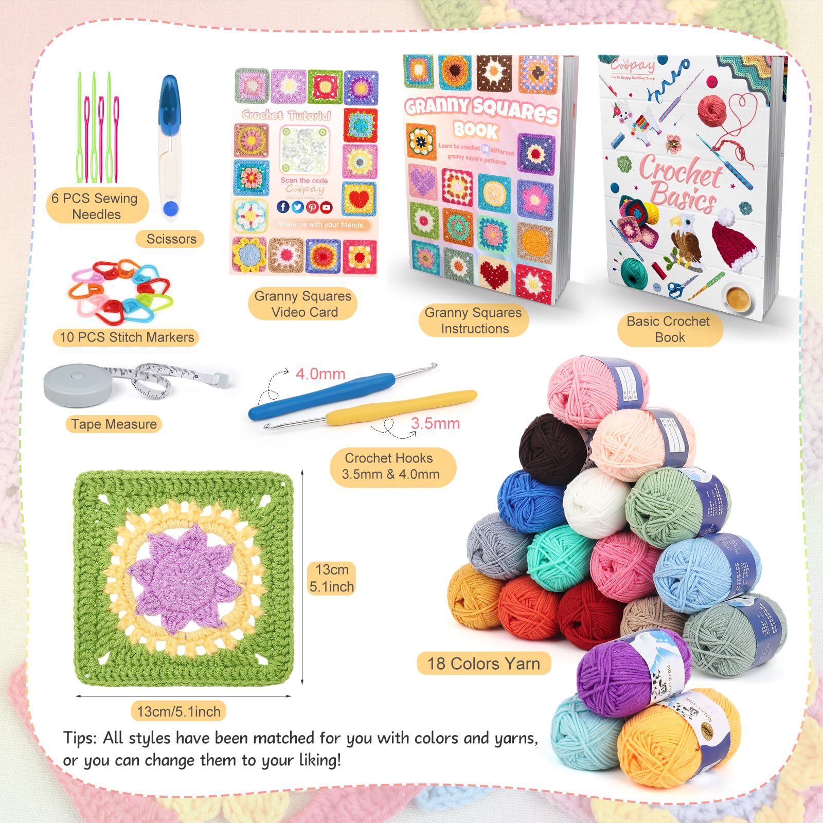 Coopay Crochet Kit for Beginners, Granny Square Crochet Kit with 2 Crochets Book & Video Card, Crochets Starter Kit for Adults Learn to Knitting, Granny Square Card Deck - 50 Mix & Match Designs