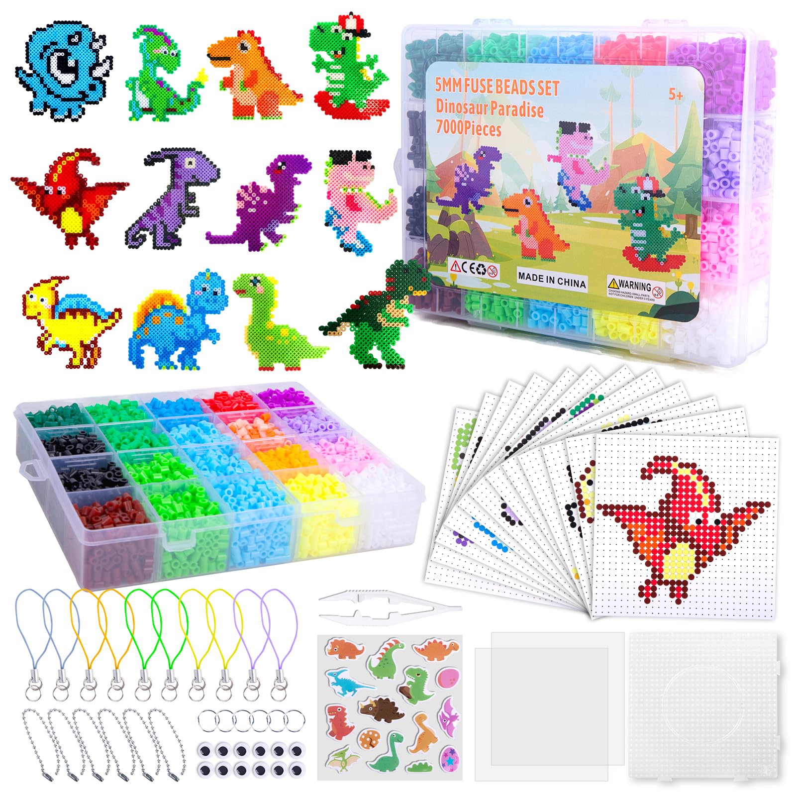 Wzone 7000 Pieces Fuse Beads Kit, 5mm Beads with Pegboards, Tweezers, 1:1 Color Pictures for DIY 12 Modes of Dinosaurs, Design Embellishments and 3D Children's Gift Craft Ideas