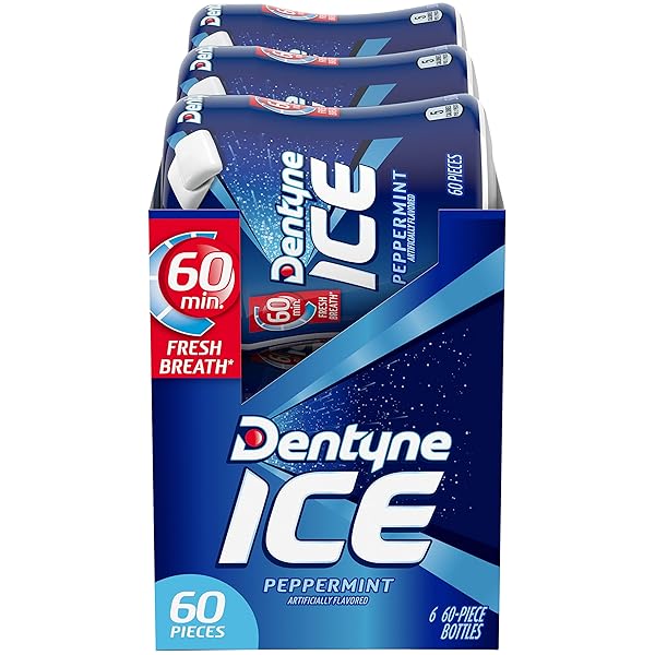 DENTYNE ICE PEPPERMINT SUGAR-FREE CHEWING GUM, 6 BOTTLES OF 60 PIECES (360 TOTAL PIECES)