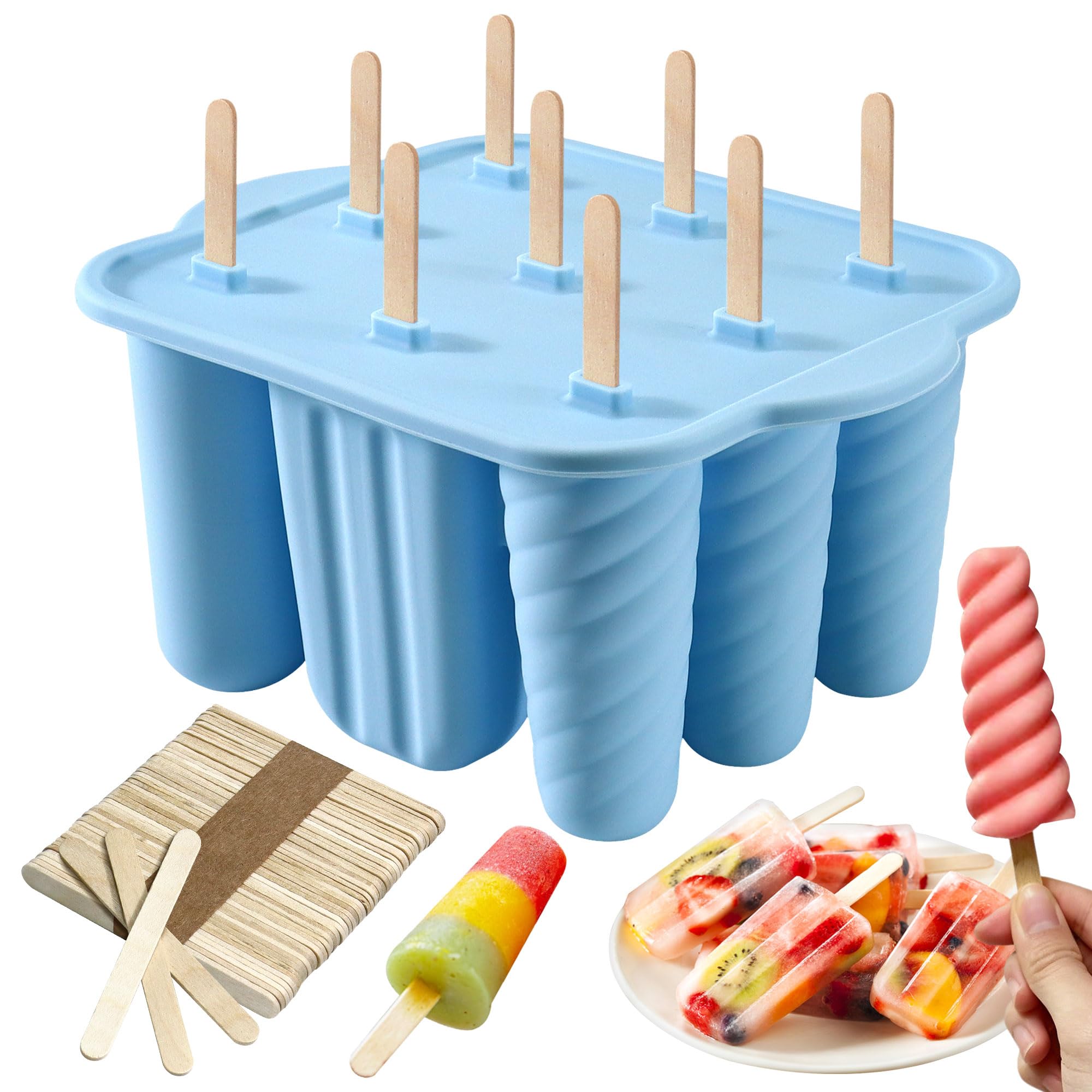 Ice Lolly Moulds, 9 Cavity Silicone Ice Lolly Tray & Ice Cream Moulds with 50 Wooden Stick, BPA Free Large Reusable Popsicle Mold Set, Homemade Ice Pop Maker for Kids Summer DIY Kitchen Tools (Blue)