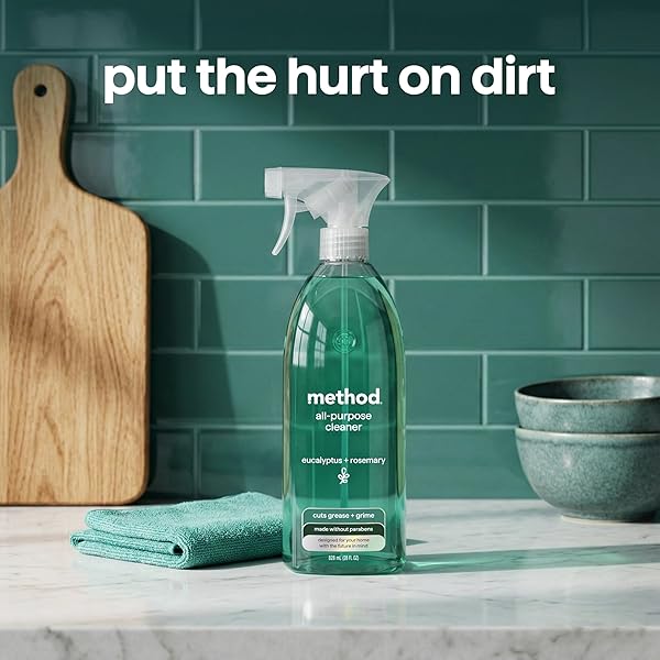 METHOD ALL-PURPOSE CLEANER SPRAY, EUCALYPTUS + ROSEMARY- CUTS GREASE & GRIME ON COUNTERS, GLASS, SEALED WOOD & FLOORS, FOR KITCHEN & BATHROOM, 28FL OZ, 4 PACK