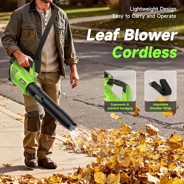 LEAF BLOWER CORDLESS, 650CFM ELECTRIC LEAF BLOWERS WITH 2 X 5.2AH BATTERIES AND CHARGER, 3 SPEED MODES, 1 X ADJUSTABLE SHOULDER STRAP, POWERFUL BLOWERS FOR LAWN CARE, PATIO, DUST, BLOWING LEAVES